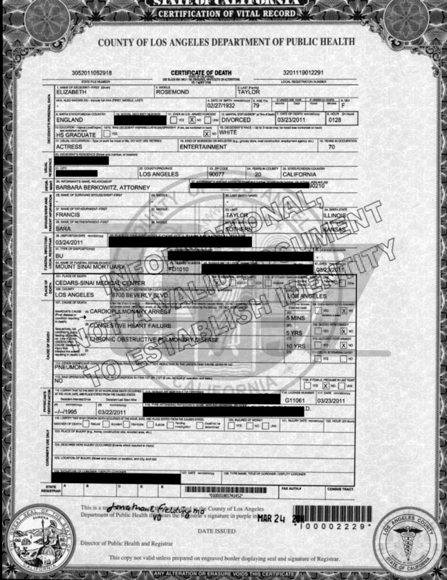 Elizabeth Taylor's Death Certificate