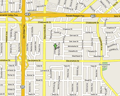 Map showing location of 10400 Columbus Avenue, Mission Hills, California where Carl Switzer was killed. (click image for interactive map)